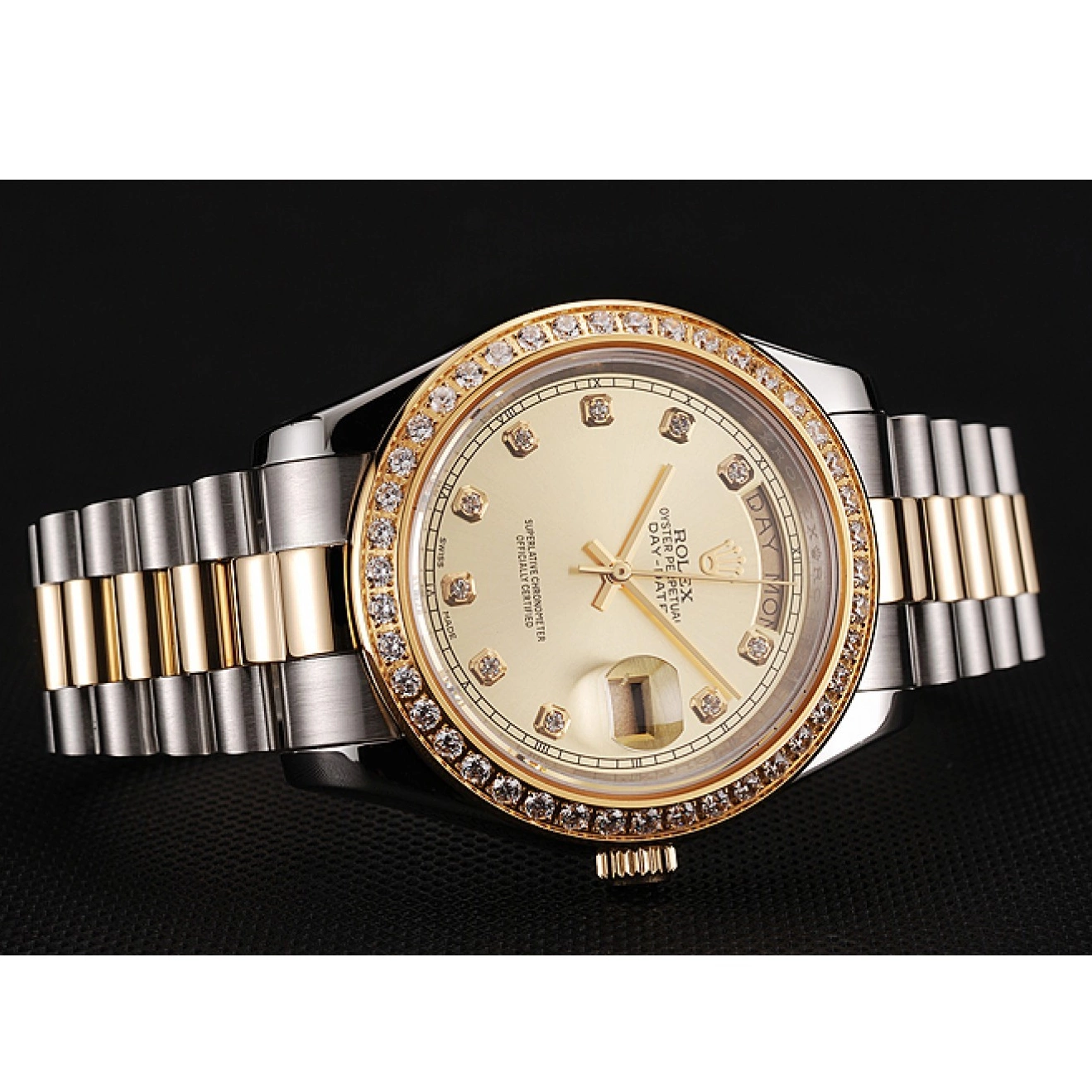 Aaa replica Champagne Tone Rolex 1453974 Steel Bracelet Gold Case Day-Date Stainless Two Diamond Dial Swiss 0627